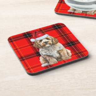 Winterthema Cockapoo Santa Dog Red Holiday Plaid Bier Onderzetter