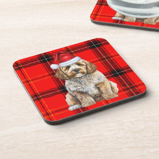 Winterthema Cockapoo Santa Dog Red Holiday Plaid Bier Onderzetter (Linkerzijde)