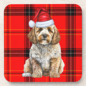 Winterthema Cockapoo Santa Dog Red Holiday Plaid Bier Onderzetter (Voorkant)