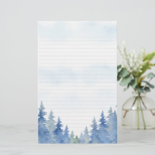 Winterthema pijnbomen omzoomd briefpapier (Staand voorkant)