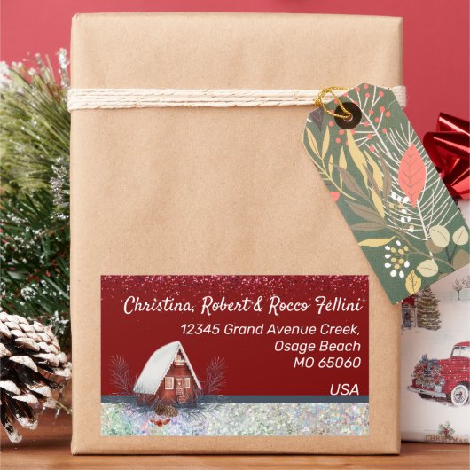 Winterthema sneeuwhuis op rood gebruik rechthoekige sticker (Feestdagen)