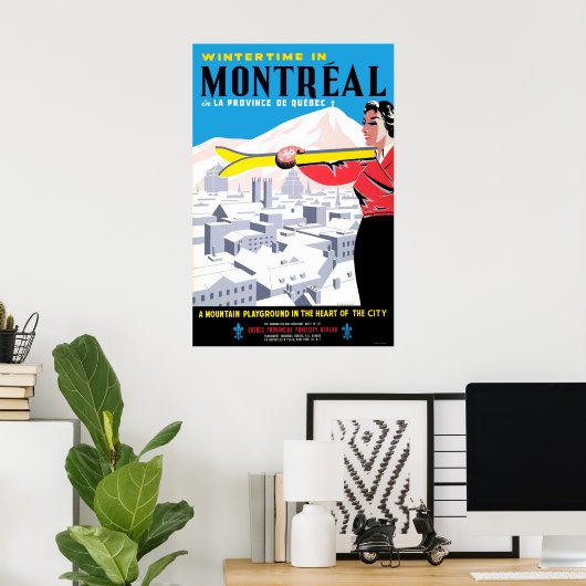 Wintertijd in Montreal, vrouw met skistoestellen Poster (Thuiskantoor)