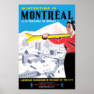 Wintertijd in Montreal, vrouw met skistoestellen Poster