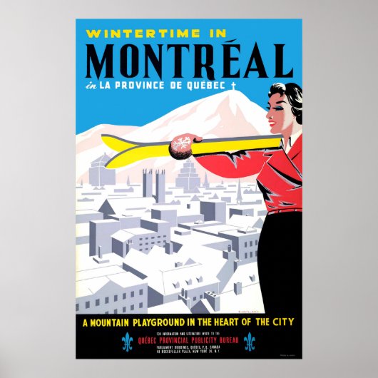 Wintertijd in Montreal, vrouw met skistoestellen Poster (Voorkant)