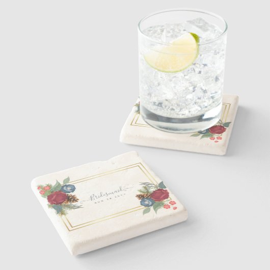 Wintertrouw burgundy turkooisblauw modern stenen onderzetter (Zijkant)