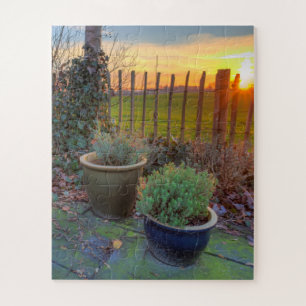 Wintertuin op zonsondergang legpuzzel