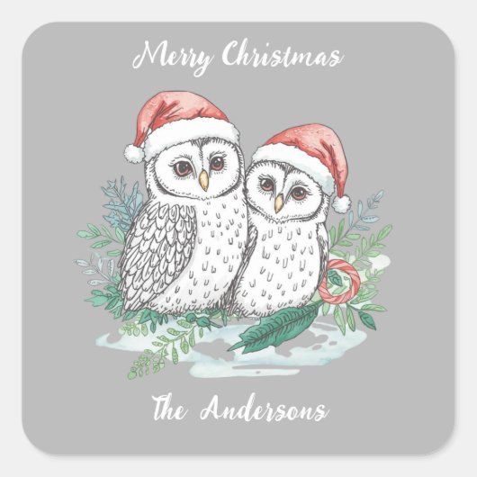 Winteruil kerststicker – Bosuil woud Vierkante Sticker (Voorkant)