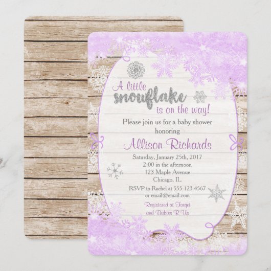 winteruitnodiging voor baby shower paars en zilver kaart (Voorkant / Achterkant)