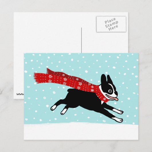 Wintervakantie Boston Terrier met rode sjaal Feestdagenkaart (Voorkant / Achterkant)