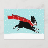 Wintervakantie Boston Terrier met rode sjaal Feestdagenkaart (Voorkant)