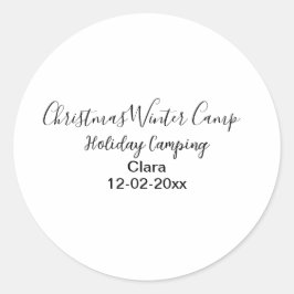 Wintervakantie camping op maat naamdatum toevoegen ronde sticker