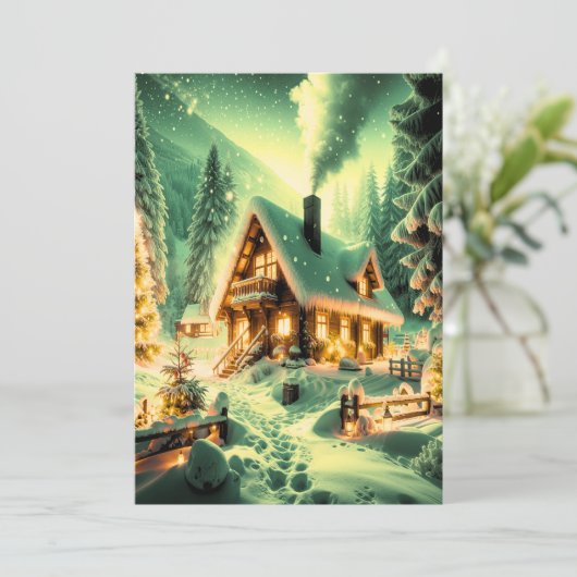 Wintervakantie: een besneeuwd Wenskaart Feestdagenkaart (Staand voorkant)