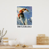 Wintervakantie in Zwitserland, man skiën, vintage Poster (Keuken)