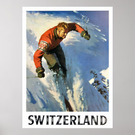 Wintervakantie in Zwitserland, skiër, vintage Poster