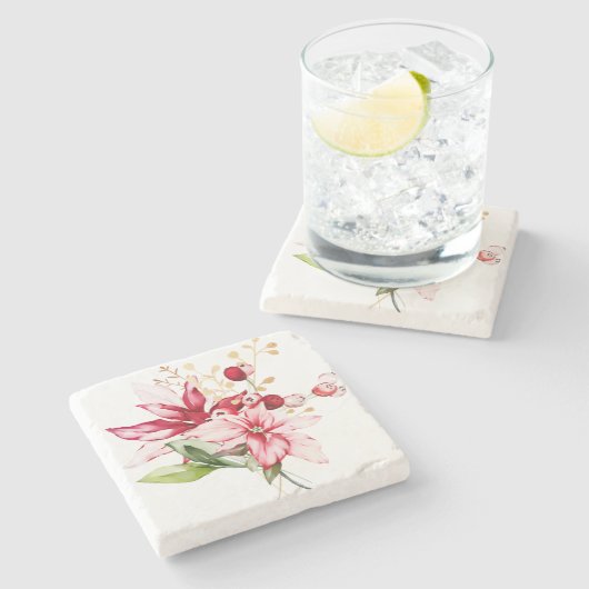 Wintervakantie rode poinsettia waterverf bloemen stenen onderzetter (Zijkant)