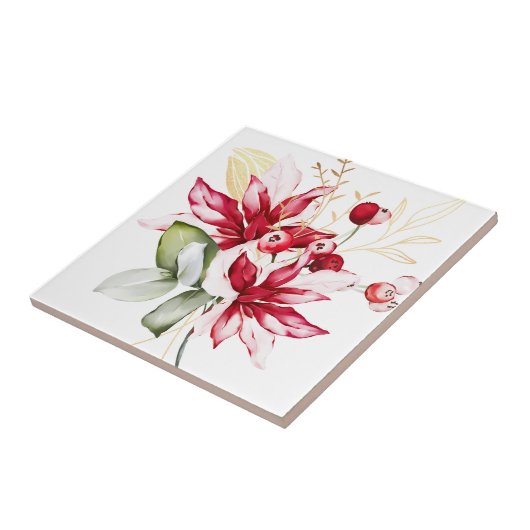 Wintervakantie rode poinsettia waterverf bloemen tegeltje (Zijkant)