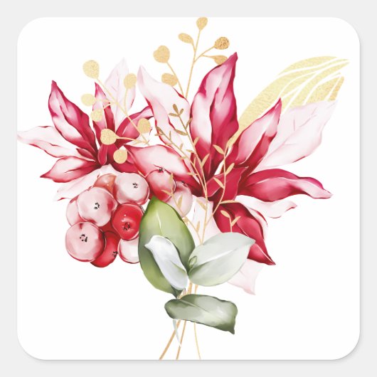 Wintervakantie rode poinsettia waterverf bloemen vierkante sticker (Voorkant)
