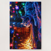 Wintervakantie schattige kat kerstverlichting legpuzzel (Verticaal)