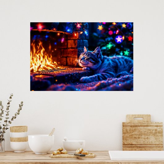 Wintervakantie schattige kat kerstverlichting poster (Keuken)