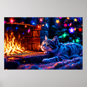 Wintervakantie schattige kat kerstverlichting poster