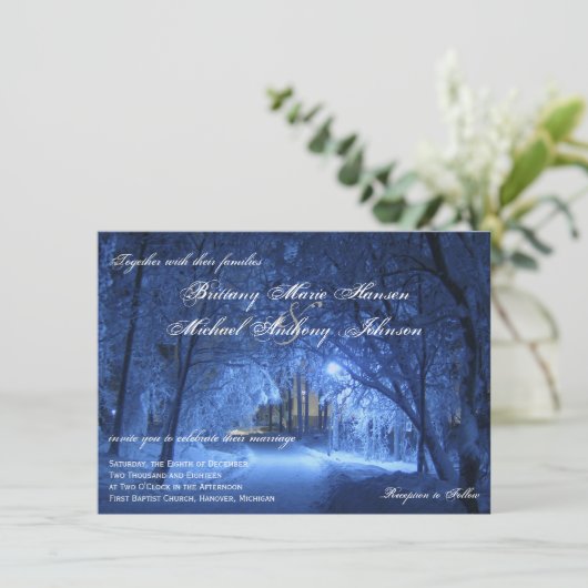 Wintervakantieavond sneeuwweddenschappen kaart (Staand voorkant)