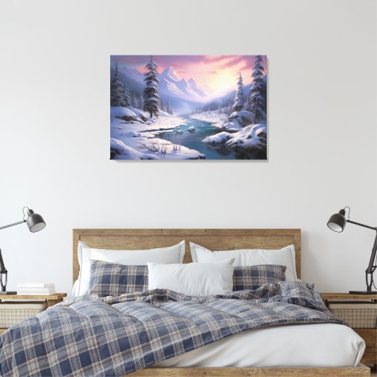Wintervallei rust: besneeuwde bergen canvas afdruk (Insitu (Slaapkamer))