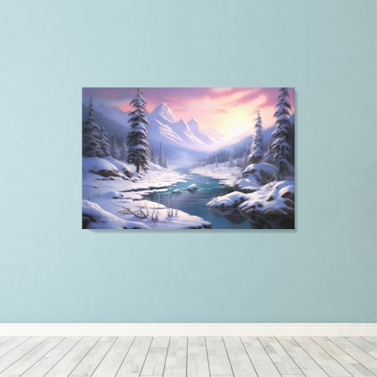 Wintervallei rust: besneeuwde bergen canvas afdruk (Insitu (Houten vloer))