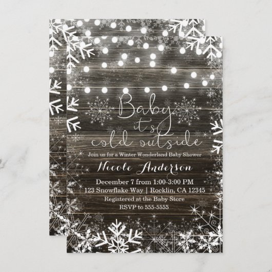 Winterverlichting & sneeuwvlokken Rustiek Baby sho Kaart (Voorkant / Achterkant)