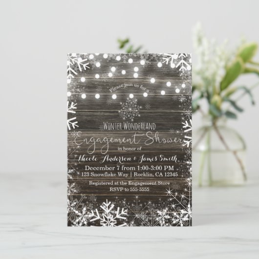 Winterverlichting Sneeuwvlokken Rustiek Verloving  Kaart (Staand voorkant)