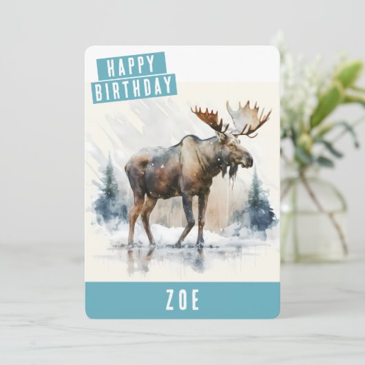 Wintervibes Moose Verjaardag Kaart (Staand voorkant)