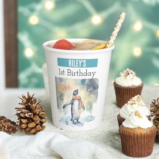 Wintervibes Pinguïn - 1e verjaardag - Papieren Bekers