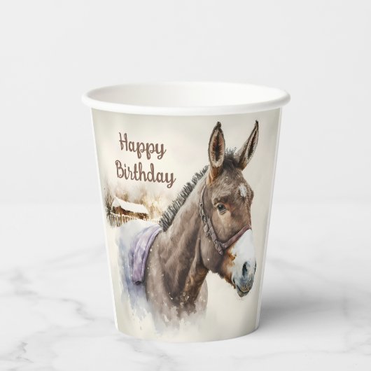 Wintervibes Waterverf Donkey - Verjaardagsfeest - Papieren Bekers (Achterkant)