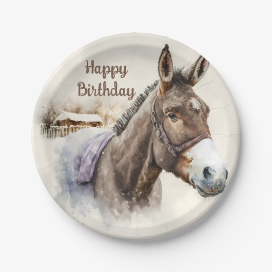 Wintervibes Waterverf Donkey - Verjaardagsfeest - Papieren Bordje (Voorkant)