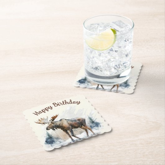 Wintervibes Waterverf Moose - Papier Onderzetter (Insitu)