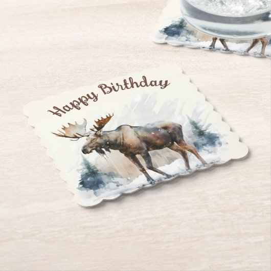 Wintervibes Waterverf Moose - Papier Onderzetter (Gebogen)