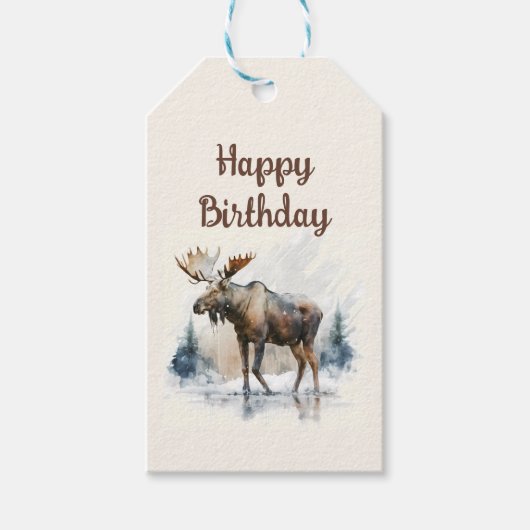 Wintervibes Waterverf Moose - Verjaardagsfeest - Cadeaulabel (Voorkant)