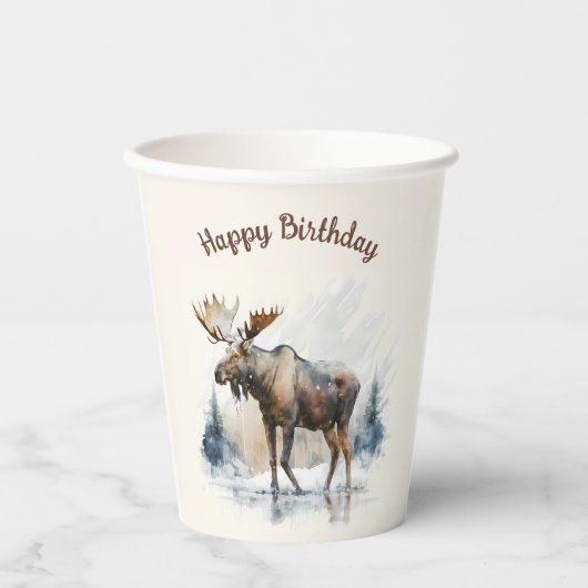 Wintervibes Waterverf Moose - Verjaardagsfeest - Papieren Bekers (Voorkant)