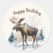 Wintervibes Waterverf Moose - Verjaardagsfeest - Ronde Sticker (Voorkant)