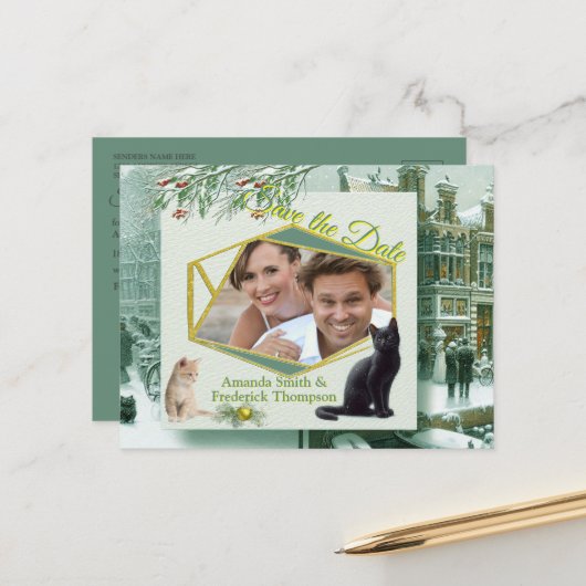 Wintervieringen in de sneeuw, met katjes aankondigingskaart (Voorkant / Achterkant in situ)