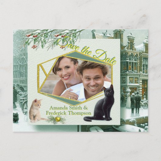 Wintervieringen in de sneeuw, met katjes aankondigingskaart (Voorkant)