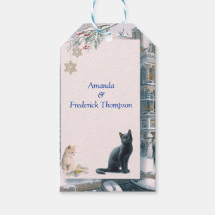 Wintervieringen in de sneeuw, met katjes cadeaulabel