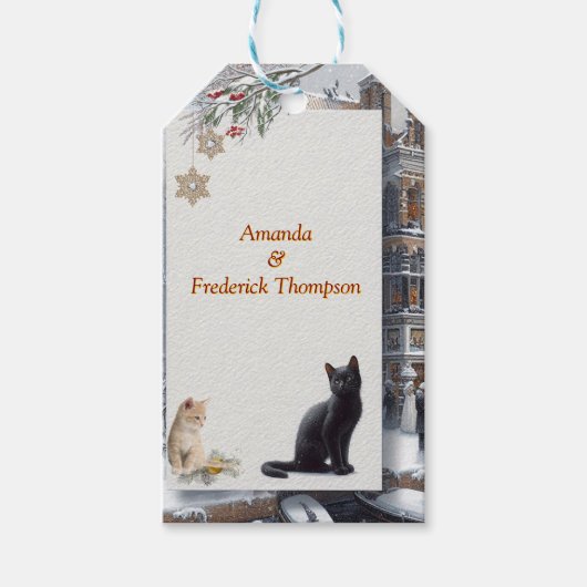 Wintervieringen in de sneeuw, met katjes cadeaulabel (Voorkant)