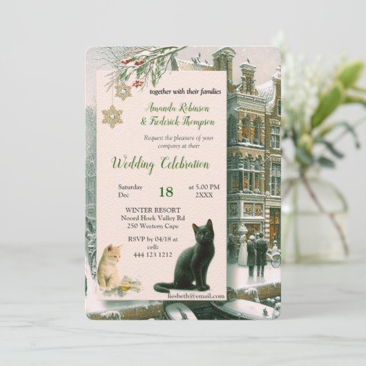 Wintervieringen in de sneeuw, met katjes kaart (Staand voorkant)