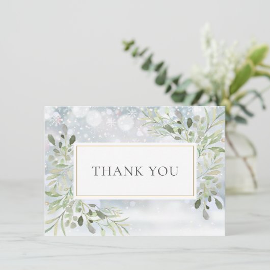 Wintervlokken Elegante Groene Elementen Bedankkaart (Staand voorkant)