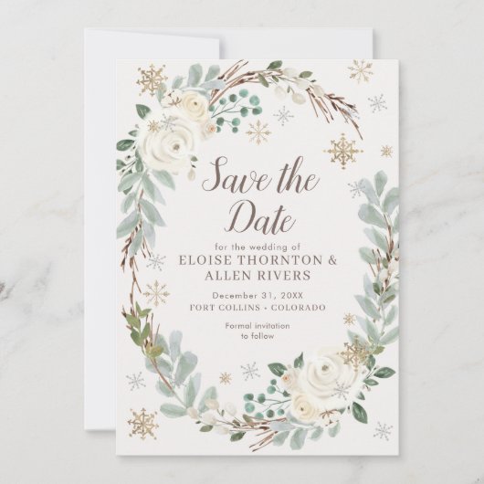Wintervlokken met sneeuwvlokken save the date (Voorkant)