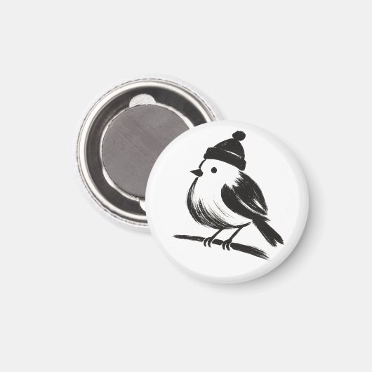 Wintervogel in muts – Inktpenseel minimalisme op Magneet (Voorkant / Achterkant)