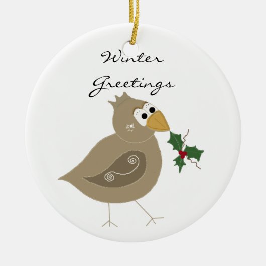 Wintervogel met takje hulst keramisch ornament (Voorkant)