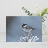 Wintervogel op bevroren dennentak feestdagenkaart (Staand voorkant)