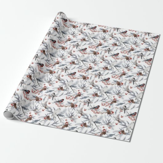 Wintervogels en bessen cadeaupapier (Uitgerold)