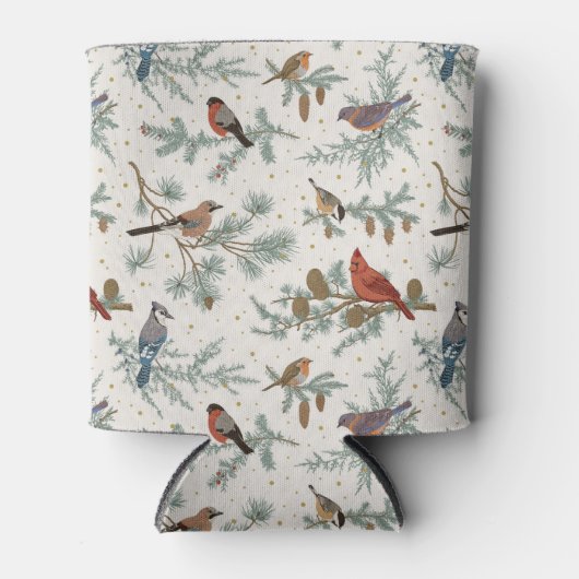 Wintervogels en dennentakken patroon blikjeskoeler (Voorkant)
